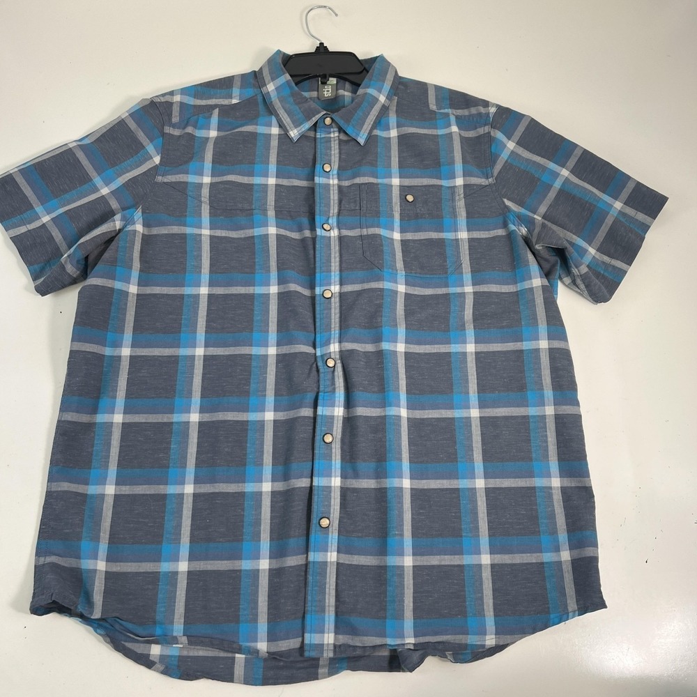 Stio Shirt Mens XL Blue Gray‎ Plaid Short Sleeve Button Wester Linen Pearl Snap